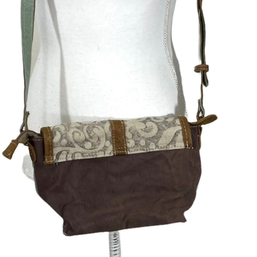Myra bag Paisley swirl print small cross body bag canvas leather.